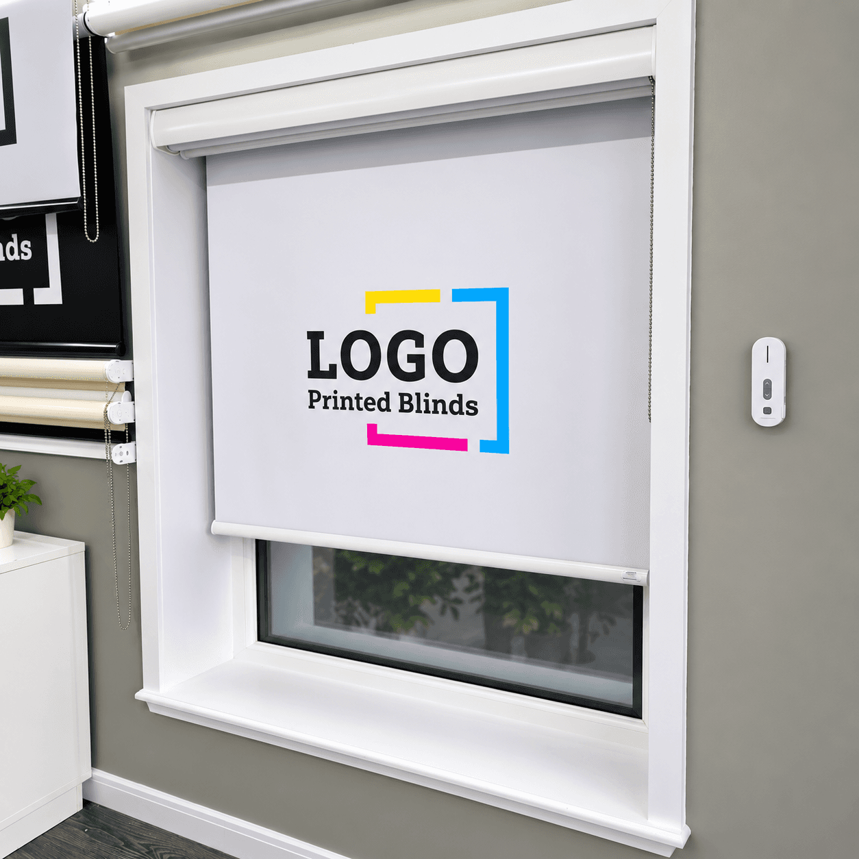 Motorised remote control printed roller blind installed in window