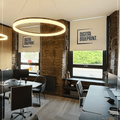 Workspace with branded printed blinds