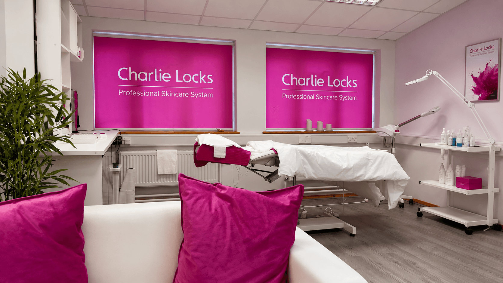 Charlie Locks commercial branded roller blinds in skincare treatment room