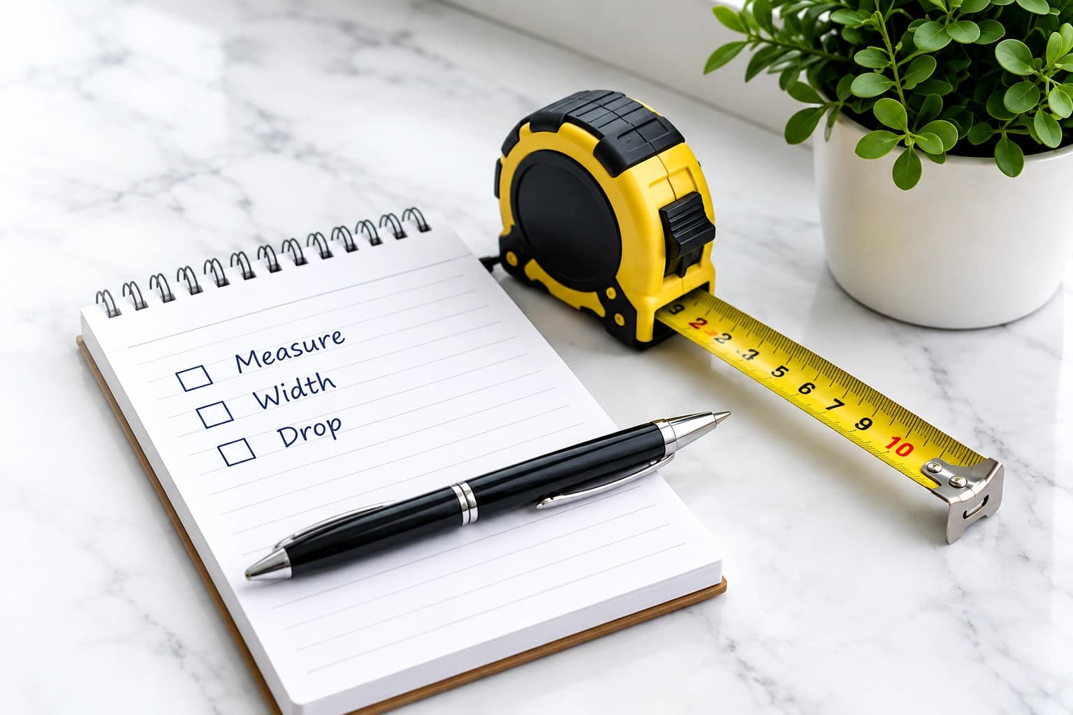 Preparation: notepad with measurements, pen, and metal tape measure