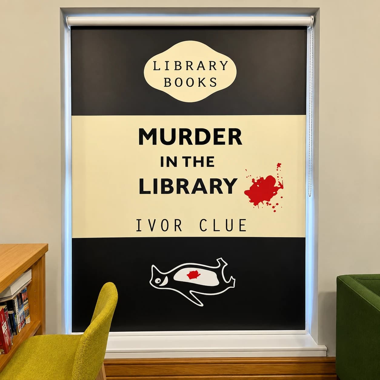 Murder in the Library educational printed roller blind