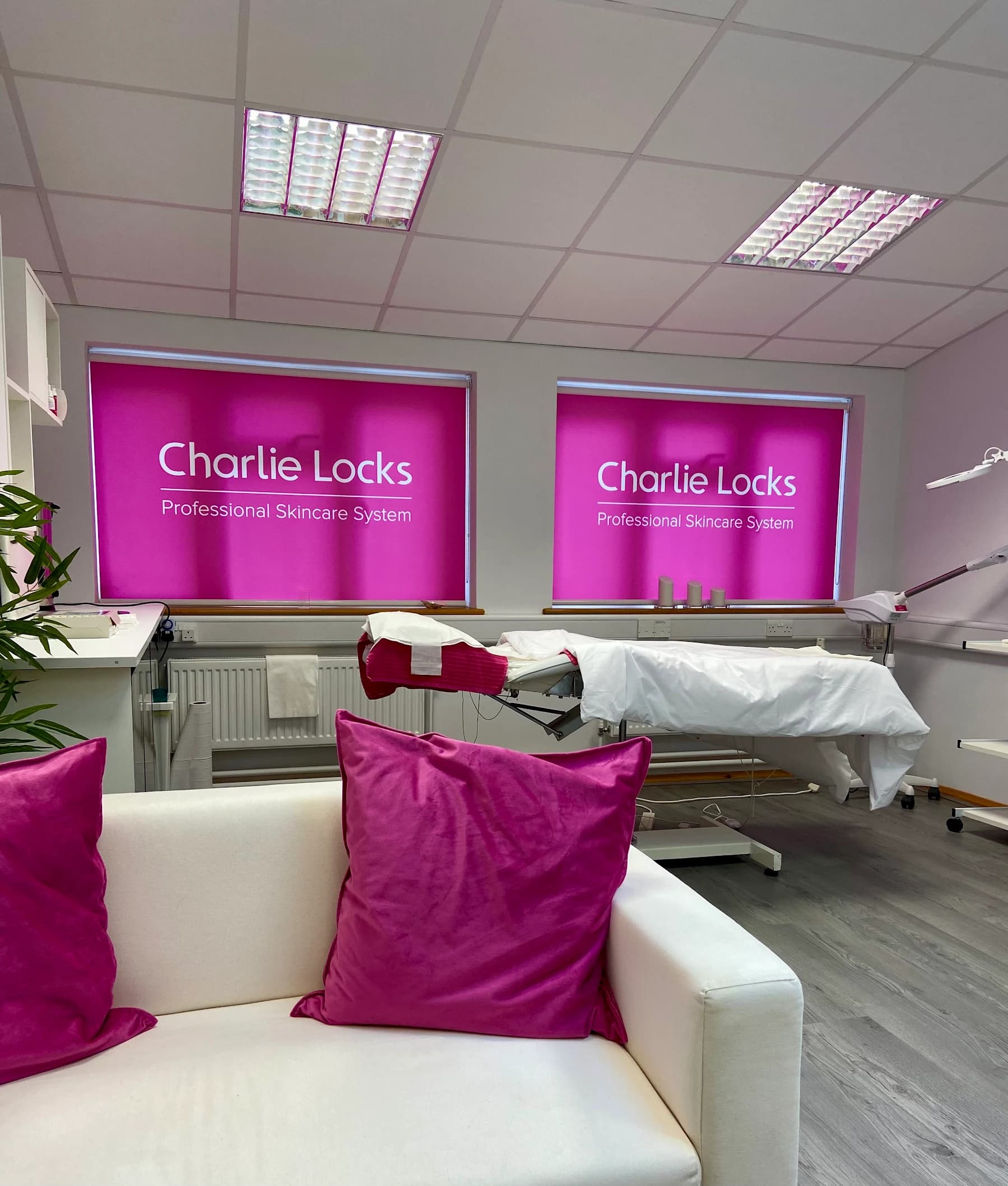 Printed branded blinds in hair and beauty salon