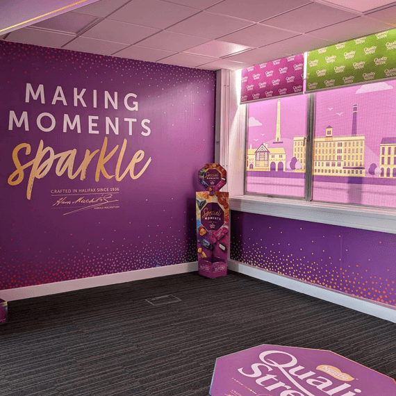 Quality Street branded interior and custom printed roller blinds by Harrisons Signs